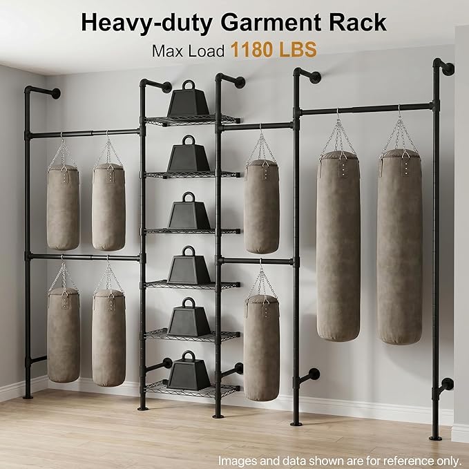 F4 Wall Mounted Closet System, Industrial Pipe Clothing Rack for Hanging Clothes, Heavy Duty Closet Organizer System, Clothes Racks with Shelves & Expandable Rod for Wardrobe, Corner, Black