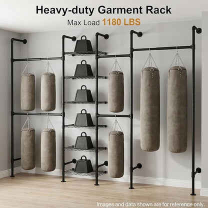 F4 Wall Mounted Closet System, Industrial Pipe Clothing Rack for Hanging Clothes, Heavy Duty Closet Organizer System, Clothes Racks with Shelves & Expandable Rod for Wardrobe, Corner, Black