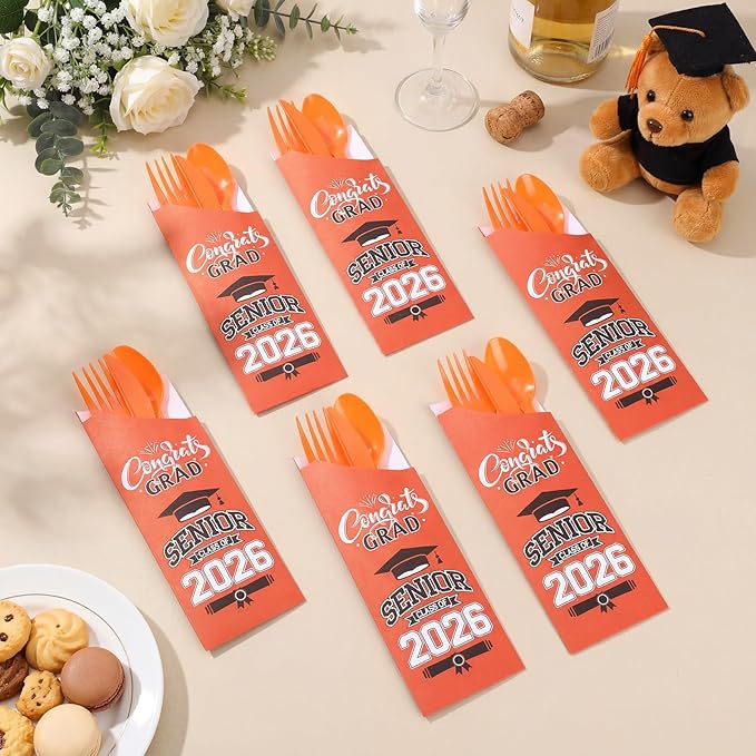Funnymoom 400 Pcs 2026 Graduation Wrapped Silverware Bags Holder - Disposable Dinnerware Set Includes Plastic Spoons Knives and Forks, Class of 2026 Parties School Congrats Supplies(Orange)