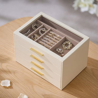 pickpiff Jewelry Box Organizer Case for Women: 4-Layer Jewelry Storage Case with Glass Window, Ivory Leather with Pink Velvet, Holder for Ring Necklace Bracelet Brooch Watch, Great Gift for Her