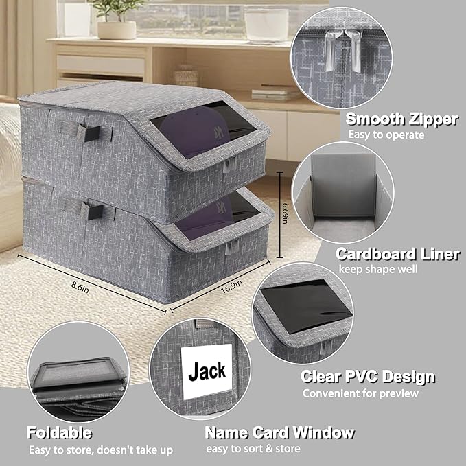 Stackable Hat Storage for Baseball Caps, Holds up to 30 Caps with Cardboard, Hat Organizer for Women & Men, 2 PCS Hat Storage Boxes for Closet, Grey