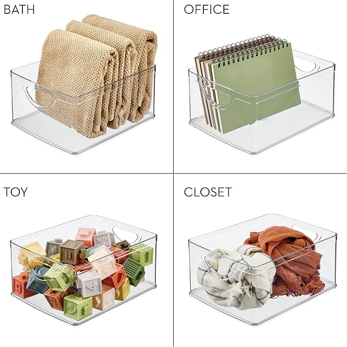 iDesign Plastic Stackable Kitchen Cabinet Storage Bin with Handles - Clear Pantry Organizer (Pack of 4)
