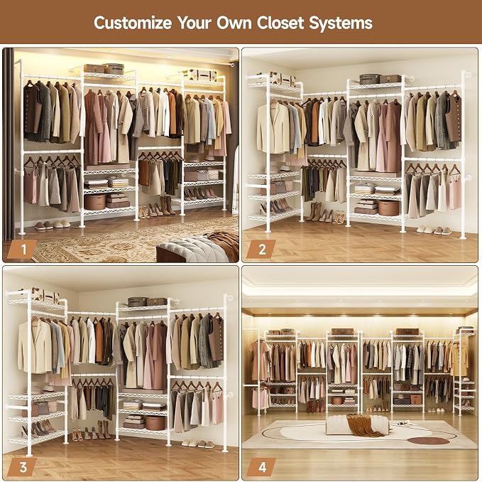 ComfyCorner Wall Mounted Garment Rack, Industrial Pipe Metal Clothing Rack with 6 Hanging Rods (4 Expandable) & 8 Shelves, Closet Organizers and Storage System for Bedroom, Walk in Closet