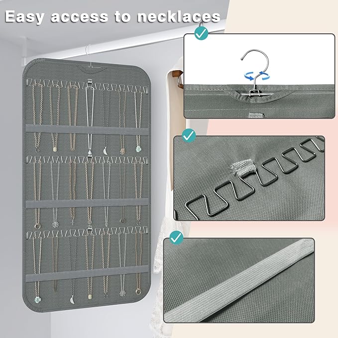 2-Pack Hanging Jewelry Organizer Storage, 40 Pockets 36 Hooks Necklace Earring Necklace Bracelet Ring Organizer, Double - Sided Design, Grey