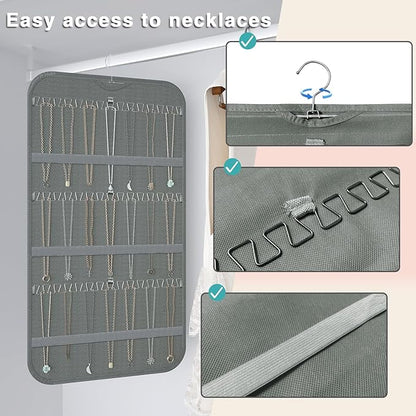 Hanging Jewelry Organizer Storage, 40 Pockets 36 Hooks Necklace Earring Necklace Bracelet Ring Organizer, Double - Sided Design, Grey