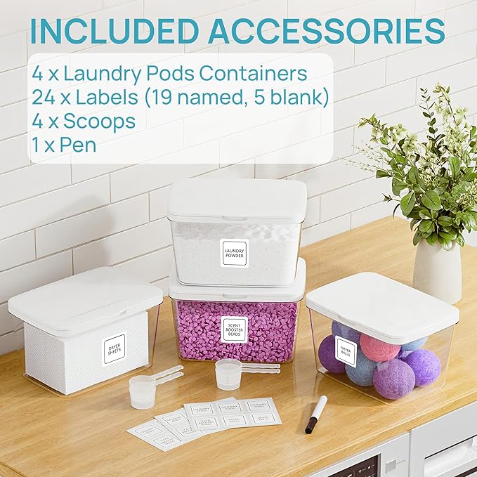 Vtopmart 5 Pack Laundry Pods Container and Dryer Sheet Holder, Detergent Powder Container with Lids &Labels & Scoop for Laundry Room Organization, Laundry Storage for Powder, Pods, Scent Booster Beads