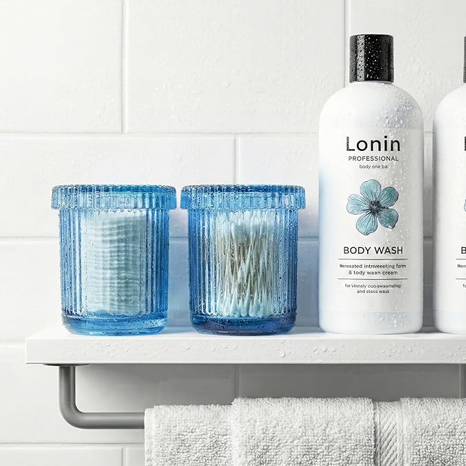 2 Pack Qtip Holder - Apothecary Jars with Lids, Bathroom Organizers and Storage Canister for Cotton Balls,Swabs,Floss Picks,Hair Ties,Clear Glass Vintage Bathroom Decor Jar Set (Blue)