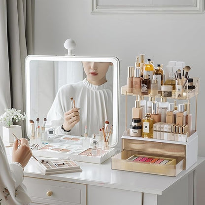 Delamu Bathroom Organizers and Storage, 2 Tier 2 Drawer Makeup Organizer Countertop, Easy to Install, Ideal for Bathroom Counter, Vanity, Ideal for Women Girls, Amber 2Pack