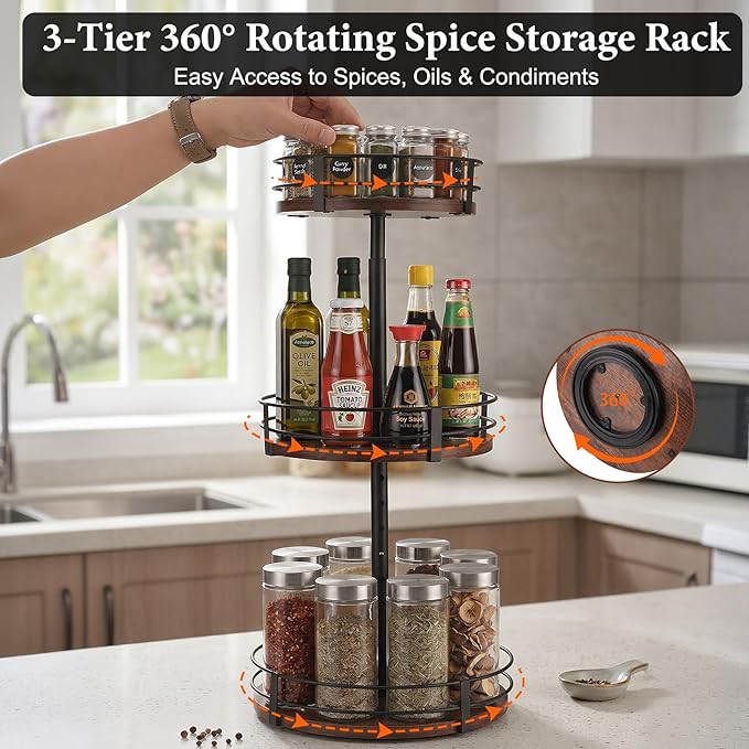 3-Tier Adjustable Lazy Susan Spice Rack Organizer, 360° Rotating Countertop Turntable with Wooden Shelves, Metal Frame & Silicone Drip Tray for Kitchen, Bathroom & Office