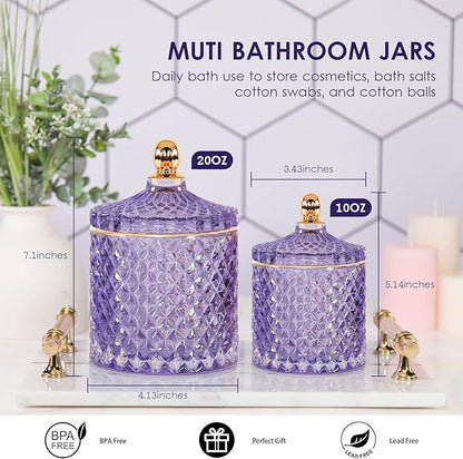 ALAMHI 2 Pack Qtip Holder Apothecary Jars with Lids, Purple Bathroom Accessories Aesthetic Room Decor Bathroom Decor Sets, Cotton Ball Storage Organizer for Cotton Swab, 20oz+10oz
