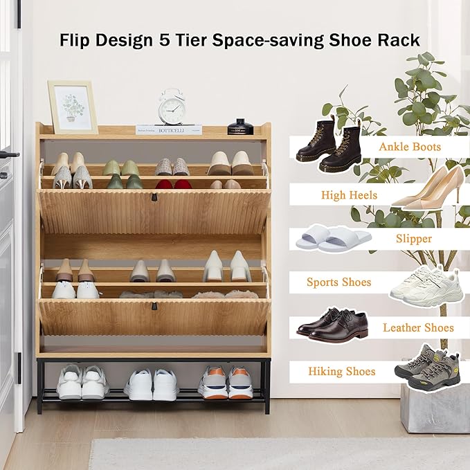RARZOE Fluted Shoe Cabinet for Entryway with 2 Flip Drawers, Narrow Wood Shoe Cabinet with Fluted Panel, Slim Hidden Shoe Organizer Closed Shoe Rack with Metal Legs for Foyer,Hallway(31.5''Natural)