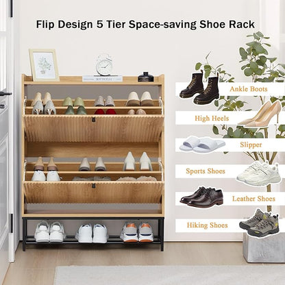 RARZOE Fluted Shoe Cabinet for Entryway with 2 Flip Drawers, Narrow Wood Shoe Cabinet with Fluted Panel, Slim Hidden Shoe Organizer Closed Shoe Rack with Metal Legs for Foyer,Hallway(31.5''Natural)