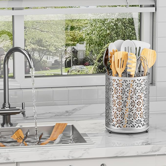 YIUKEA Extra Large Utensil Holder - 360° Rotating Cooking Utensils Caddy Countertop Organizer with Instant-Dry and Removable Base for Kitchen Tools