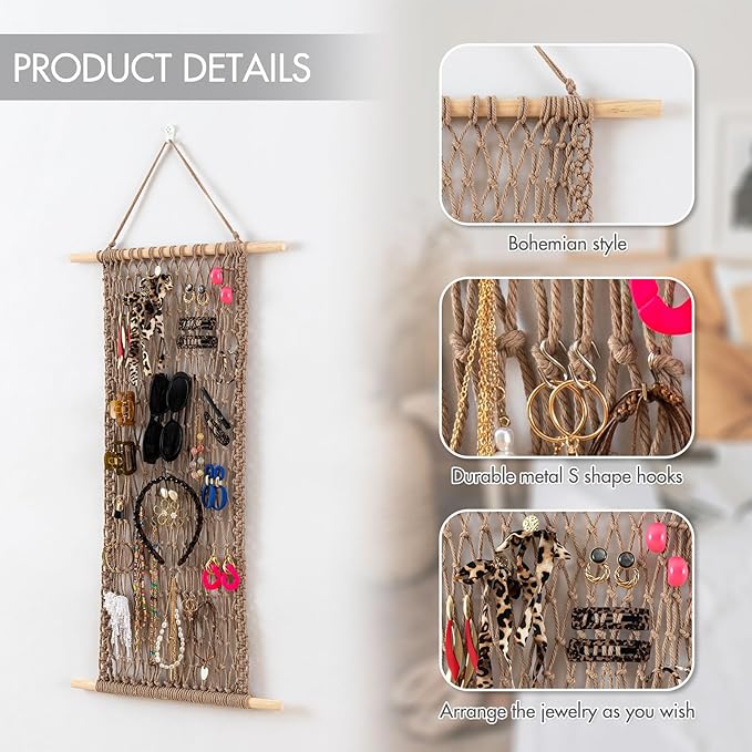 Pretty Jolly Hanging Jewelry Mesh Organizer Macrame Wall Mounted Necklaces Storage Earring Display Rack Girls Hair Clips Hanger with 20 Pieces S Shape Hooks for Bracelets,Necklace and Rings(Coffee)