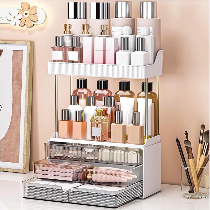 caktraie Bathroom Organizers and Storage - 3 Drawers 2 Tier Makeup Organizer, Cosmetic Storage Drawer for Dresser Countertop and Bathroom Vanity for Large Skincare, Perfume, Grey