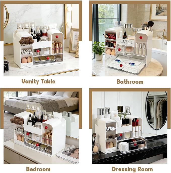 Makeup Organizer for Vanity with Brush Holder, Large Cosmetic & Skincare Organizer Countertop with Muti-Drawers, Cosmetic Display Case for Lipsticks, Nail Polishes, Perfumes, Eyeshadow (white)
