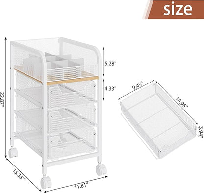 Rolling Makeup Cart Organizer with 3 Drawers, 4-Tier Narrow Floor Skincare Organizers with dividers, Vanity Organizer Cosmetics Display Cases for Makeup Brush, Hair Tool, White