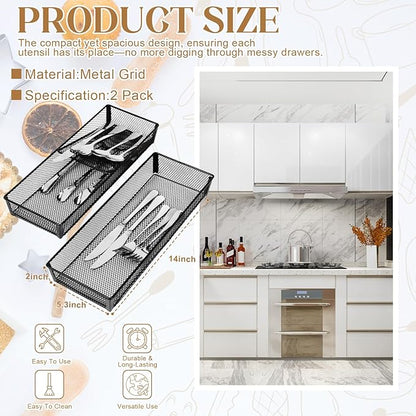 DOSTATNI 2 Pcs Mesh Silverware Drawer Organizer Cutlery Drawer Organizer Utensil Tray Organizer Silverware Holder for Flatware Knives Spoons Storage(14.1X5.3x2inch)