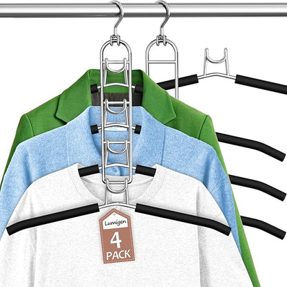 Clothes Hangers Space Saving, Newly Upgraded Detachable Shirt Hangers, 4-Tier Non-Slip Coat Hanger with 360° Swivel Hook for Closet Organizers and Storage Shirt,Sweater,Suit - 4 Pack, Patent Pending