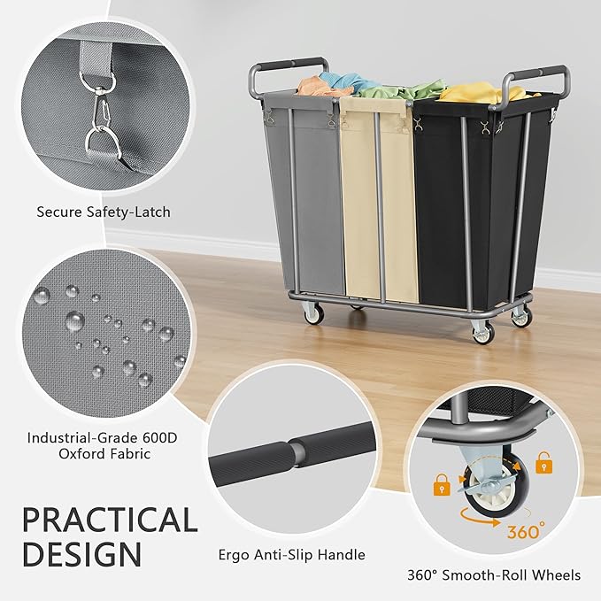 Gewudraw Large laundry hamper with Wheels, 360L 3 Bag Big Rolling Laundry Hamper Sorter Cart, Extra Large Laundry Clothes Hamper, Heavy Duty Laundry Basket Organizer for Laundry Room,Bathroom,Black