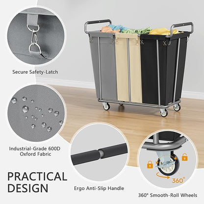Gewudraw Large laundry hamper with Wheels, 360L 3 Bag Big Rolling Laundry Hamper Sorter Cart, Extra Large Laundry Clothes Hamper, Heavy Duty Laundry Basket Organizer for Laundry Room,Bathroom,Black