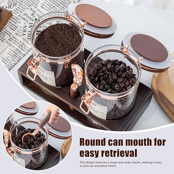 Glass Coffee Canister Set with Wooden Shelf, 2 Pack 45oz Airtight Food Storage Containers with Lids & Spoons, Large nisters for Coffee Beans, Sugar, Tea, Nuts