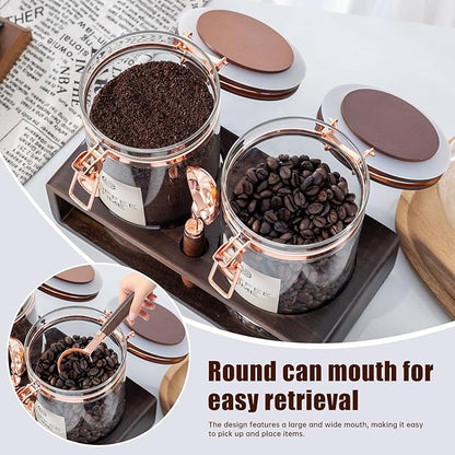 Glass Coffee Canister Set with Wooden Shelf, 2 Pack 45oz Airtight Food Storage Containers with Lids & Spoons, Large nisters for Coffee Beans, Sugar, Tea, Nuts