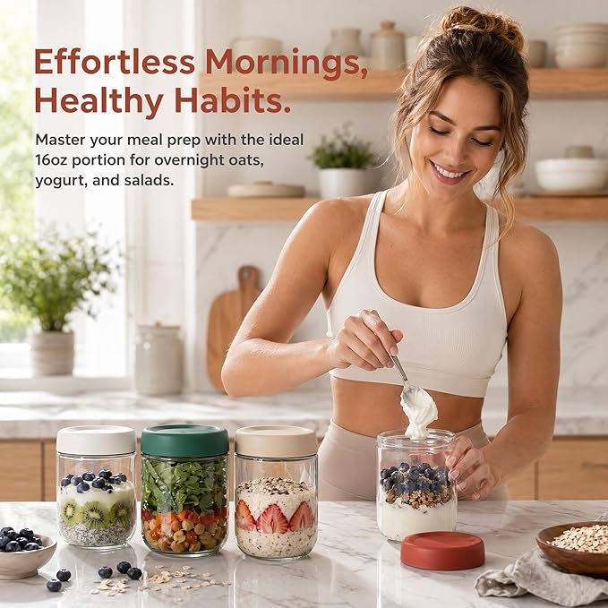 EONJOE 4-Pack Overnight Oats Containers with Lids 16oz Glass Mason Jars Meal Prep Salad Food Cereal Snacks Pudding Yogurt Storage