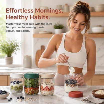 EONJOE 4-Pack Overnight Oats Containers with Lids 16oz Glass Mason Jars Meal Prep Salad Food Cereal Snacks Pudding Yogurt Storage