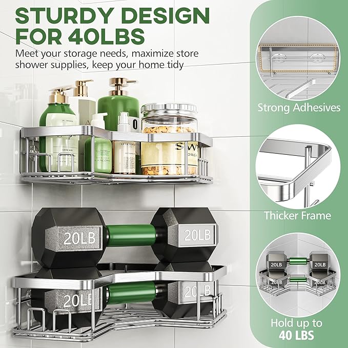 MAXIFFE 3 Pack X-Large Corner Shower Caddy with Soap Holder, Large Capacity and Easy Install, No Drilling Shower Shelves, Stainless Steel Shower Organizer Hold 40 LBS for Family Renters, Silver