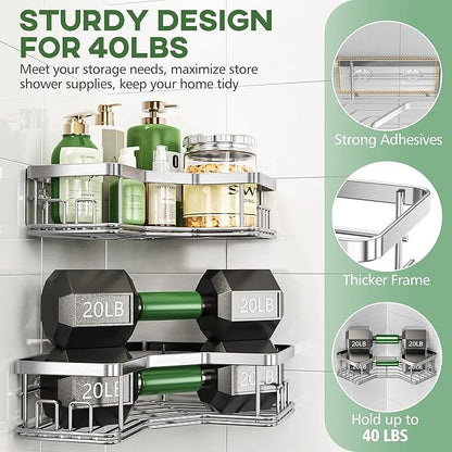 MAXIFFE 3 Pack X-Large Corner Shower Caddy with Soap Holder, Large Capacity and Easy Install, No Drilling Shower Shelves, Stainless Steel Shower Organizer Hold 40 LBS for Family Renters, Silver