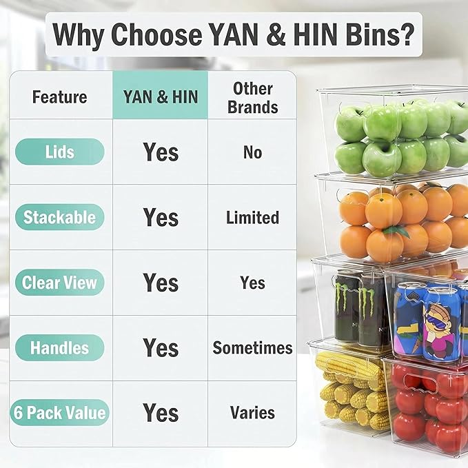 YAN & HIN 4 Pack Clear Storage Bins with Lids, Stackable Plastic Organizer Bins with Handles, Pantry Organizers and Storage for Kitchen Cabinet, Fridge, Bathroom, Closet and Shelf Organization