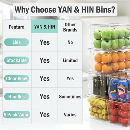 YAN & HIN 8 Pack Clear Storage Bins with Lids, Stackable Plastic Organizer Bins with Handles, Pantry Organizers and Storage for Kitchen Cabinet, Fridge, Bathroom, Closet and Shelf Organization