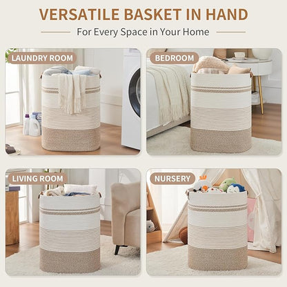 AINUOQI Laundry Basket with Handles - Blanket Basket & Hampers for Bedroom Aesthetic, Laundry Hamper & Blanket Storage for Living Room, Clothes Hamper, Tall, Large 17" x 14" x 22”, Light Brown & White