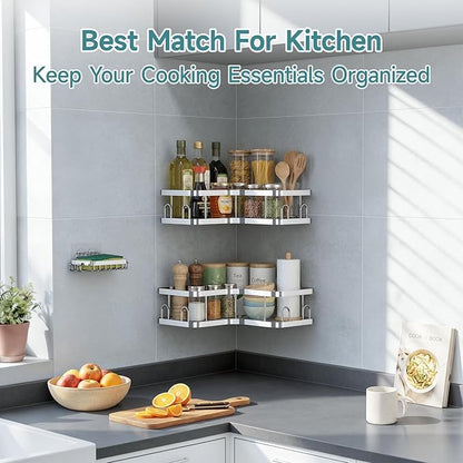 Veken Corner Adhesive Shower Caddy 3-Pack with Soap Holder&Hooks,No Drilling Shower Shelves,Rustproof & Waterproof Bathroom Organizers and Storage,Rack for Small Spaces, Kitchen&Rental-Friendly,Silver