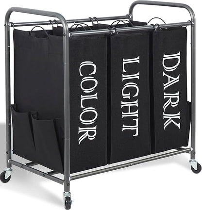 STORAGE MANIAC 3 Section Laundry Sorter, 35.9 Gal (136 L) Laundry Hamper Cart with Heavy Duty Rolling Lockable Wheel and Removable Bag, Clothes Organizer Basket Clothes Separator Hamper, Label Black