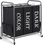 STORAGE MANIAC 3 Section Laundry Sorter, 35.9 Gal (136 L) Laundry Hamper Cart with Heavy Duty Rolling Lockable Wheel and Removable Bag, Clothes Organizer Basket Clothes Separator Hamper, Label Black