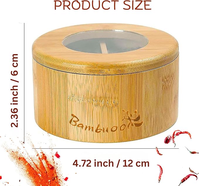 Premium 4 Compartments Salt & Spice Cellar with Spoon - Swivel Magnetic Lid for Convenient Seasoning Access - 100% Natural Bamboo - Elegant and Eco-Friendly Kitchen Accessory.