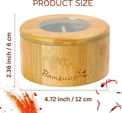 Premium 4 Compartments Salt & Spice Cellar with Spoon - Swivel Magnetic Lid for Convenient Seasoning Access - 100% Natural Bamboo - Elegant and Eco-Friendly Kitchen Accessory.