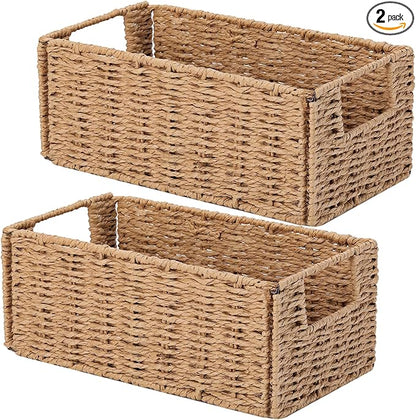 Vagusicc Wicker Storage Basket, Set of 2 Hand-Woven Paper Rope Wicker Basket, Small Storage Baskets for Organizing Toilet Paper Basket, Foldable Large Cube Storage Organizer Bins for Shelves (Natural)