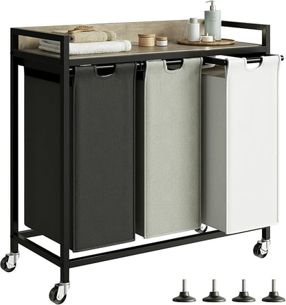 Herture Laundry Hampers with Shelf, Laundry Basket 3 Section, Laundry Sorter with Pull-Out Removable Large 3 Color Bags and Movable Wheels, Metal Frame, 3 x 15.87 Gallons (60L), Greige PF04XLZ
