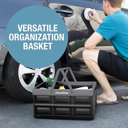 CleverMade Collapsible Shopping Basket 32L, 3 Pack – Folding Grocery Basket with Handles, Stackable Reusable Storage Crate with 35 lb Capacity, Recycled Plastic, Car Trunk Organizer- Stone Gray