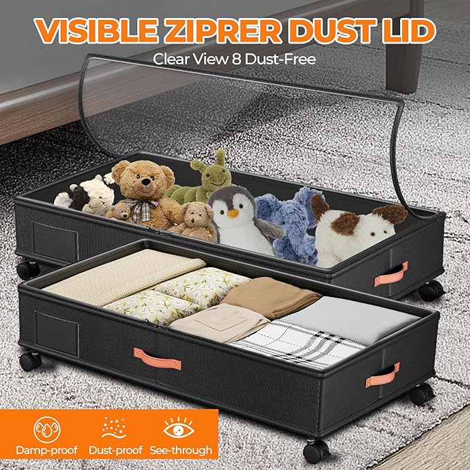 Under Bed Storage with Wheels,2-Pack Under Bed Storage Containers with Clear Lids,XXL Large Under the Bed Storage Organizer Bins With Handles,Space Saving Design for Clothes,Shoes,Books-Black