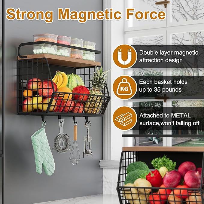 Magnetic Shelf for Fridge,Hanging Wall Basket for Potato Onion Fruit and Vegetable Storage Bins,Large Produce Container Magnetic Spice Rack for Refrigerator Kitchen Counter Pantry,Black