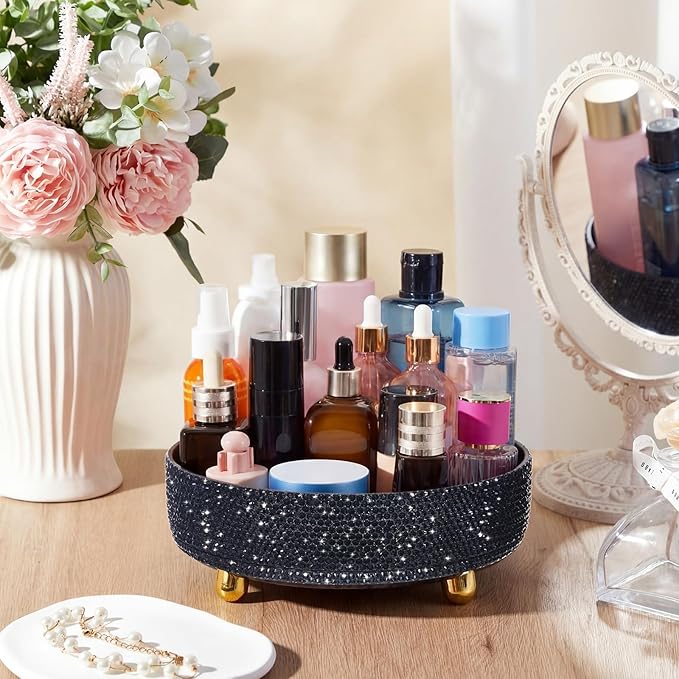 Honeydak Black Bling Perfume Makeup Organizer Bling Mother's Day Nurses Day Gifts for Women Bathroom Organizers and Storage 360 Rotating Makeup Organizer for Countertop(Resin Stone)