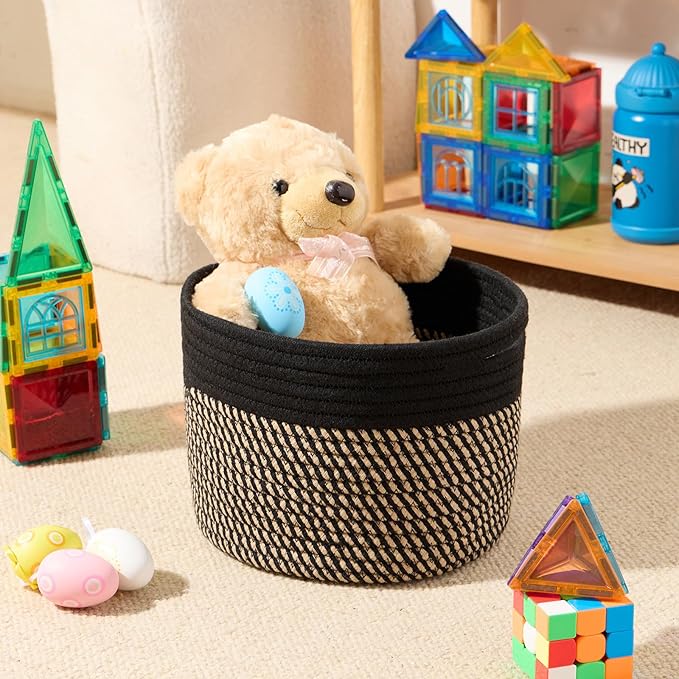MiniArk Small Basket for Organizing | Cube Shelf Closet Storage Baskets | 9.7×9.7×7.1” | Woven Rope Gift Basket | Nursery | Round 3 Packs Black Brown
