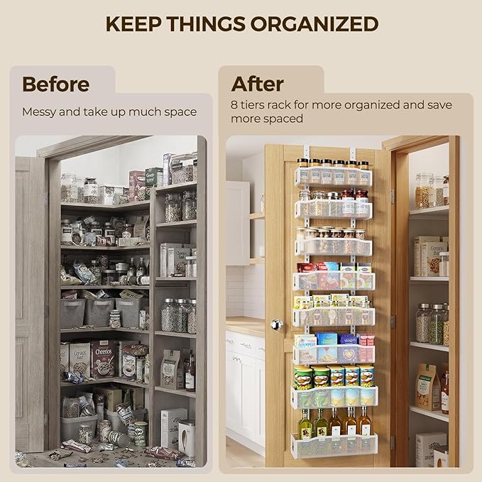 Delamu 8 Tier Over the Door Pantry Organizer, 2in1 Hanging or Wall Mount Spice Rack Seasoning, Adjustable Heavy-Duty Pantry Door Organizer and Storage for Kitchen Cabinet and Bathroom, 15.3" White