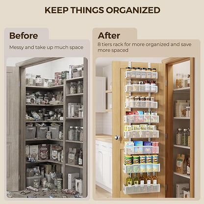 Delamu 8 Tier Over the Door Pantry Organizer, 2in1 Hanging or Wall Mount Spice Rack Seasoning, Adjustable Heavy-Duty Pantry Door Organizer and Storage for Kitchen Cabinet and Bathroom, 15.3" White