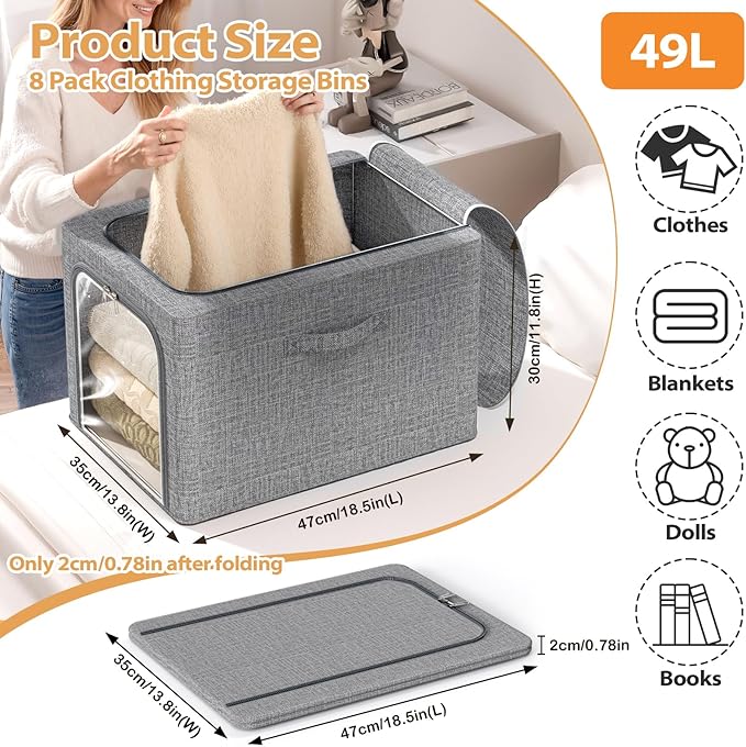 8 Pack Clothes Storage Bins with Metal Frame Foldable Clothing Storage Bins with Lids 49L Stackable Storage Box for Closet Fabric Organizer with Clear Window for Sweaters T-Shirts Bedding,Light Grey