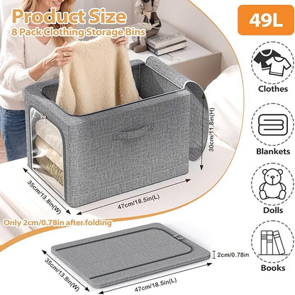 8 Pack Clothes Storage Bins with Metal Frame Foldable Clothing Storage Bins with Lids 49L Stackable Storage Box for Closet Fabric Organizer with Clear Window for Sweaters T-Shirts Bedding,Light Grey